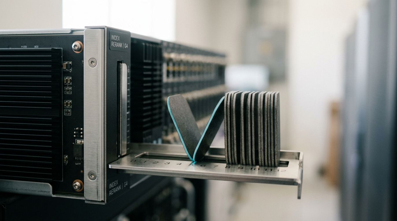 A compact rerank inference blade with a short stack of candidate tokens standing on its input tray, one token caught half-drawn into the blade's scoring slot