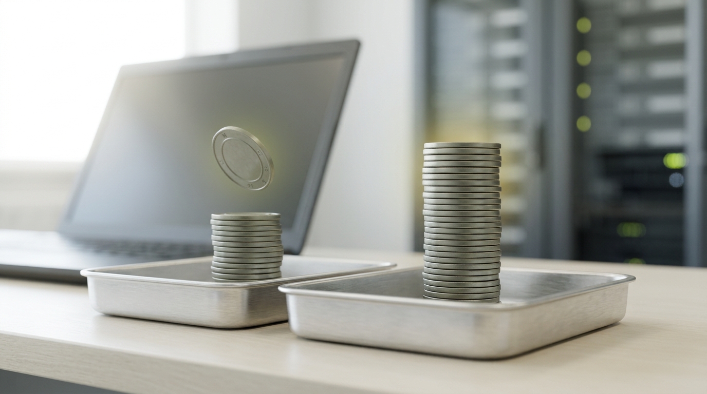 A fixed-slot budget tray nearly full of ranked passage tokens in reading order, one token held just above the last open slot while a near-duplicate token already lies set aside outside the tray
