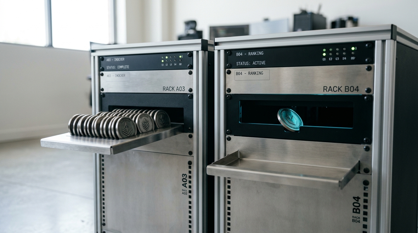 Two short server racks side by side, the left one's output tray already filled with a neat row of ranked tokens and the right one's slot still ejecting its last token half clear