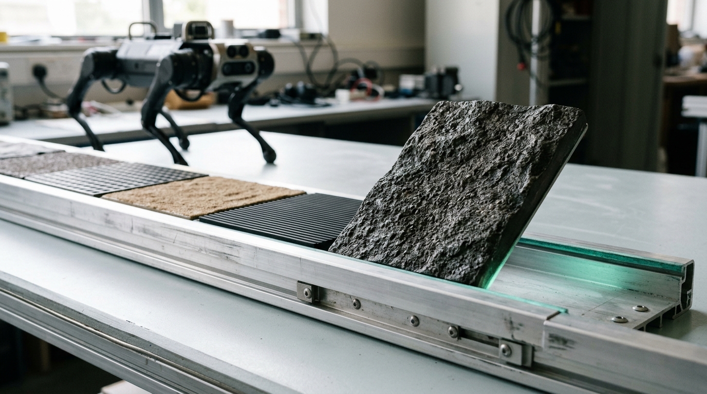 A technician's hand absent from frame while a rack of interchangeable textured terrain tiles is mid-swap on a testing platform.
