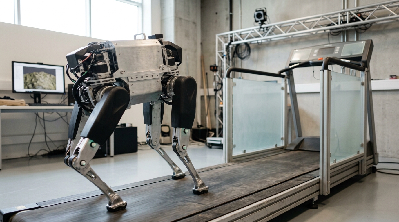 A quadruped robot mid-stride on an instrumented treadmill in a bright lab, motion-capture markers on its legs, a rendering workstation with a textured terrain preview visible at the edge of the frame.