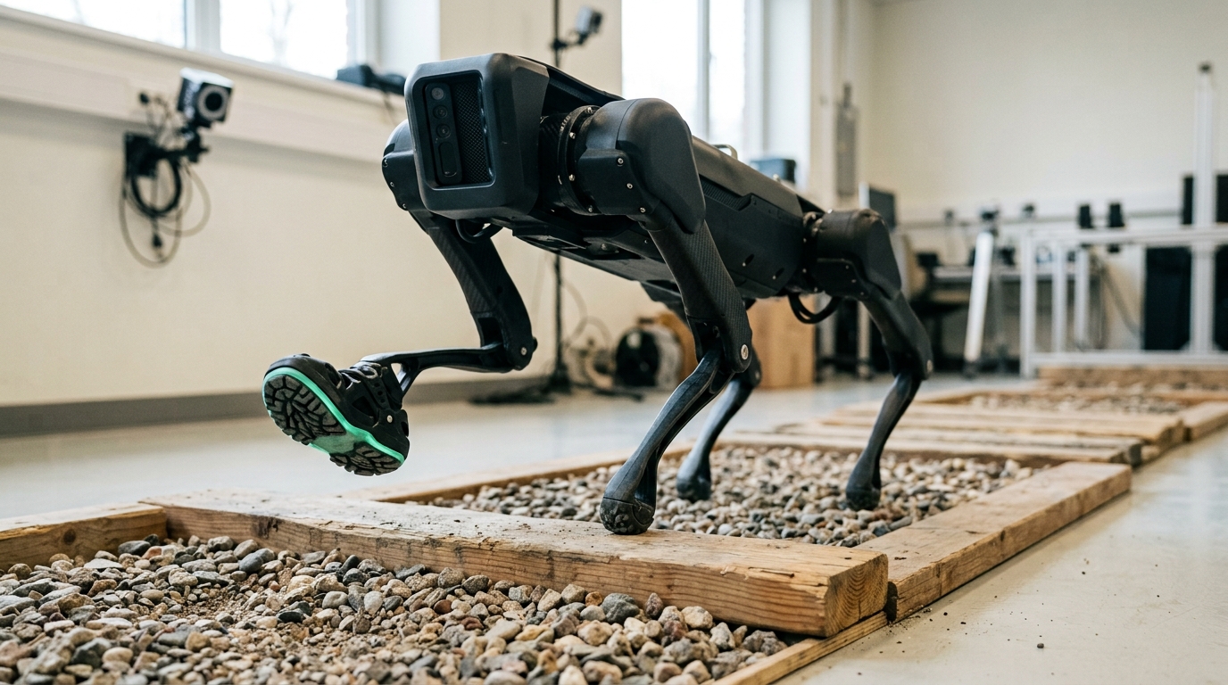 A quadruped robot's front leg mid-swing over an uneven gravel-and-plank terrain rig inside the lab.