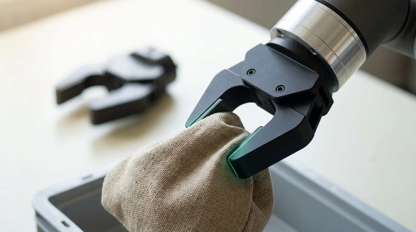 A parallel-jaw gripper closing on a soft deformable pouch above a bin, a force-torque sensor visible at the wrist.