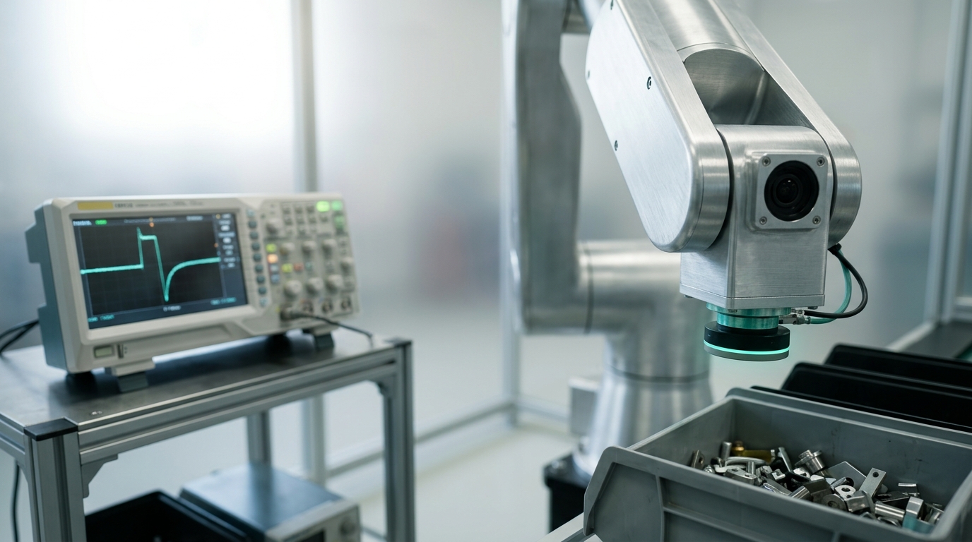A robot arm's wrist camera and force-torque sensor mounted above a bin, an oscilloscope beside the cell showing a timing trace mid-sweep.