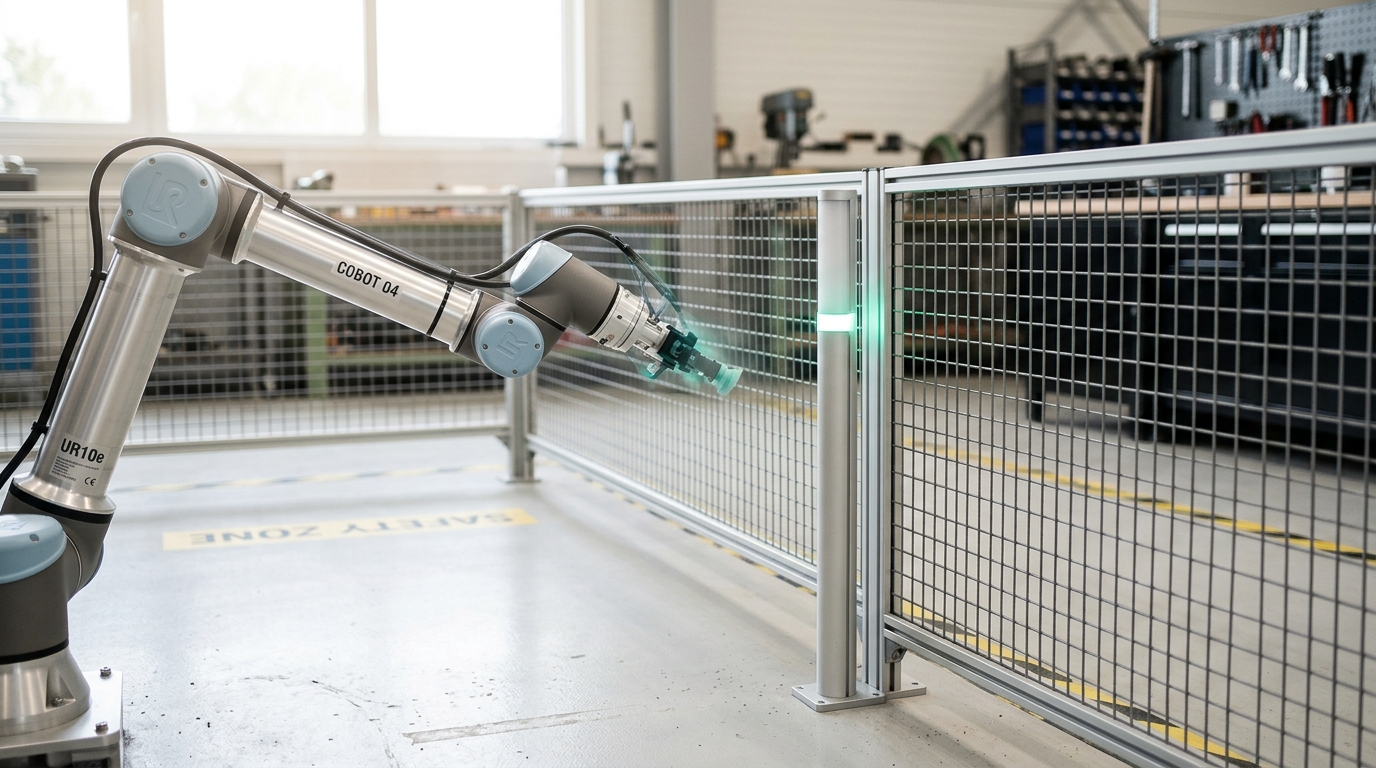 A collaborative robot arm behind a low mesh guard, a speed-and-separation sensor pole beside it, the arm slowing mid-motion as a marked zone is crossed.