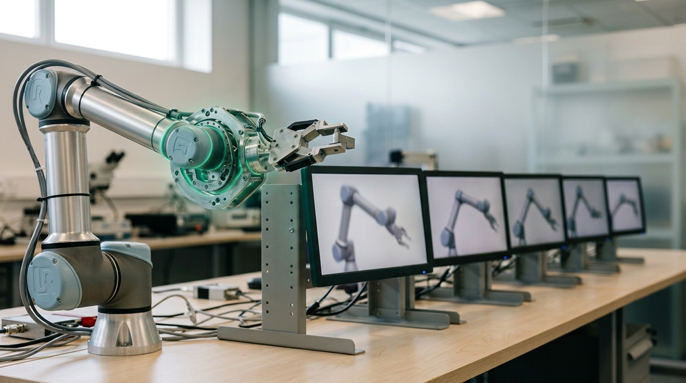 A robot arm paused mid-motion beside a rack of small monitors each showing a different simulated rollout of the same arm.