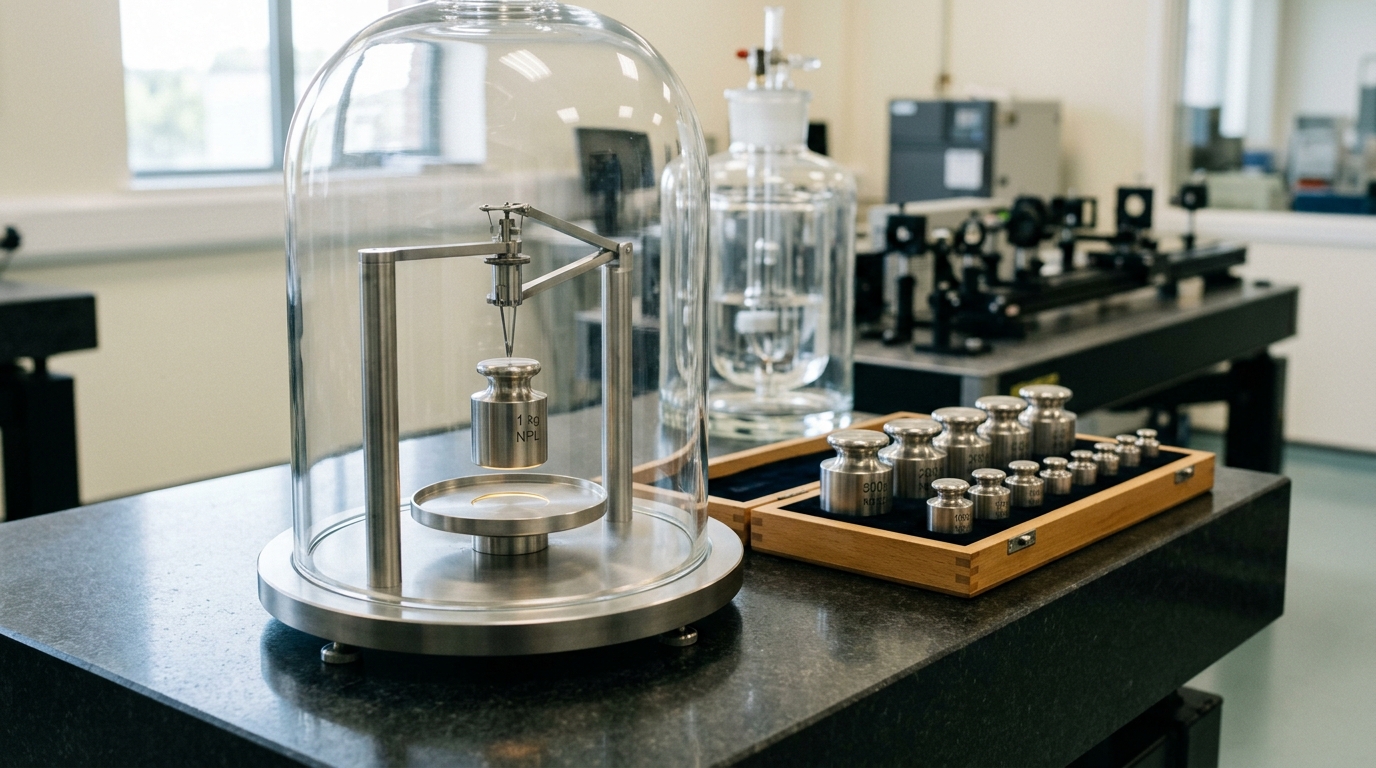 A stainless steel mass comparator under its glass bell jar in a calibration lab, its transfer arm caught mid-lift with a small cylindrical reference weight held just clear of its resting pan
