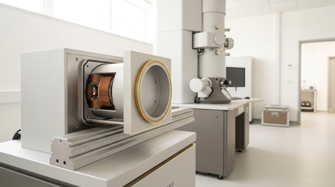 An aberration-corrector barrel on an electron microscope column, its access port half-open with a coil housing part-slid out on its rail, not yet fully withdrawn