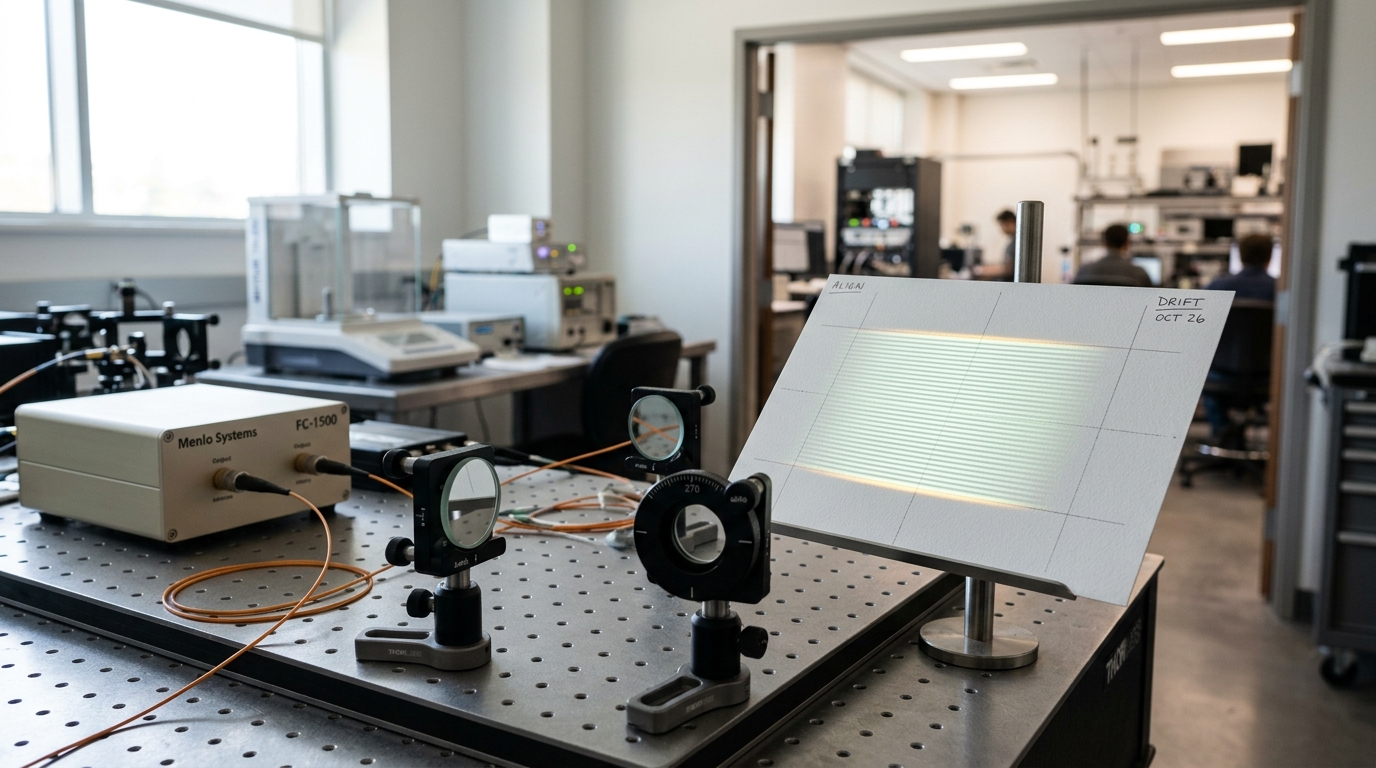 Two fine mirrored teeth on an optical frequency comb bench thrown as pale interference fringes onto a small alignment card, the fringe pattern still drifting as the two beams walk into overlap