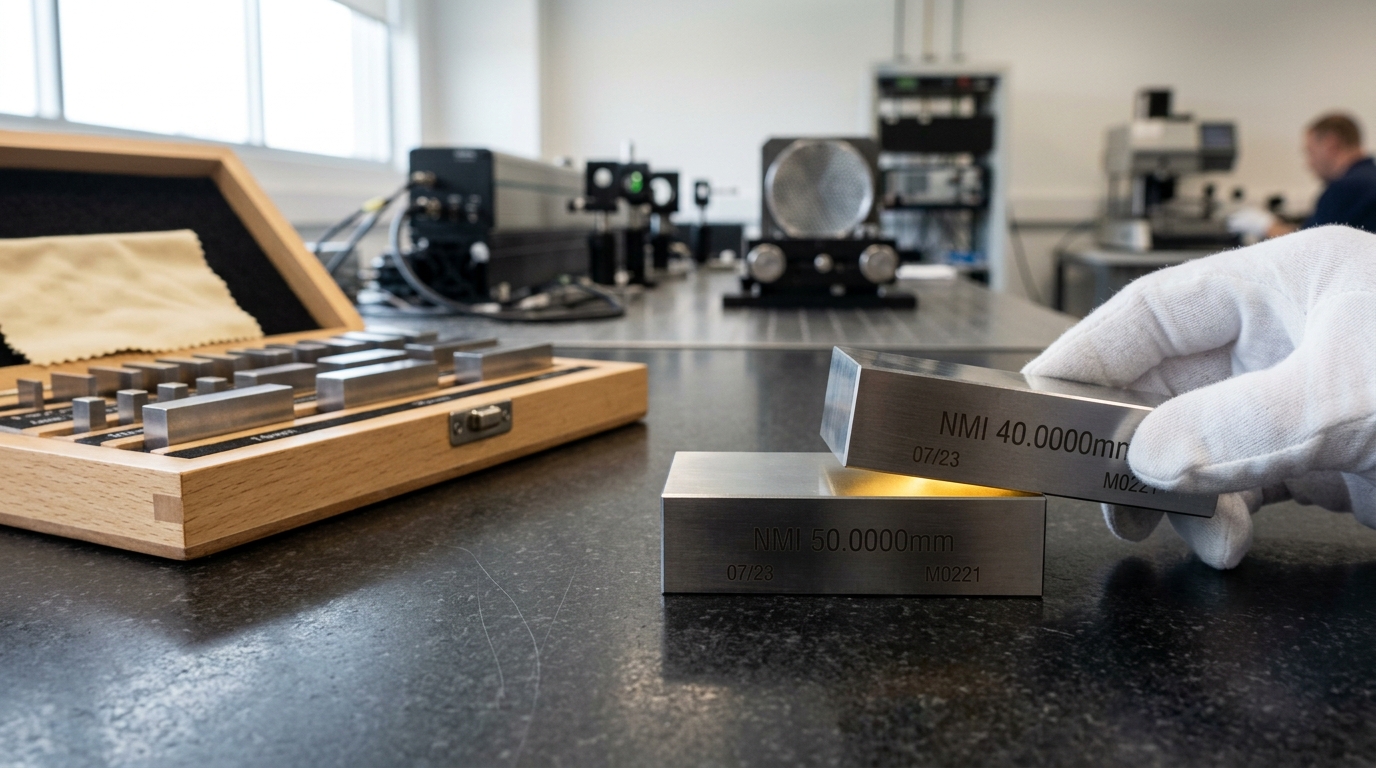 Two steel gauge blocks caught mid-slide as they are wrung together on a granite surface plate, a thin wedge of light still visible between their almost-mated faces
