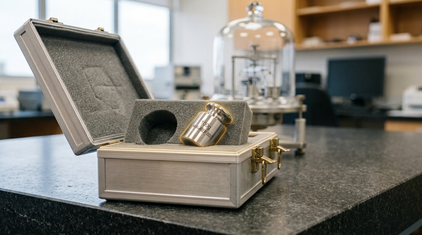 A padded transfer case for a travelling reference standard sitting open on a calibration lab bench, its foam lid still lifted and one latch still undone, the reference artefact only half withdrawn from its cutout