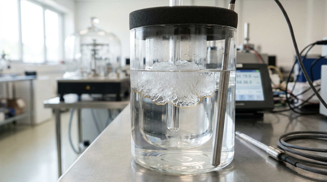 A triple-point-of-water cell in its clear dewar, an ice mantle partly formed around the thermometer well with liquid water still visible at the growing edge of the ice