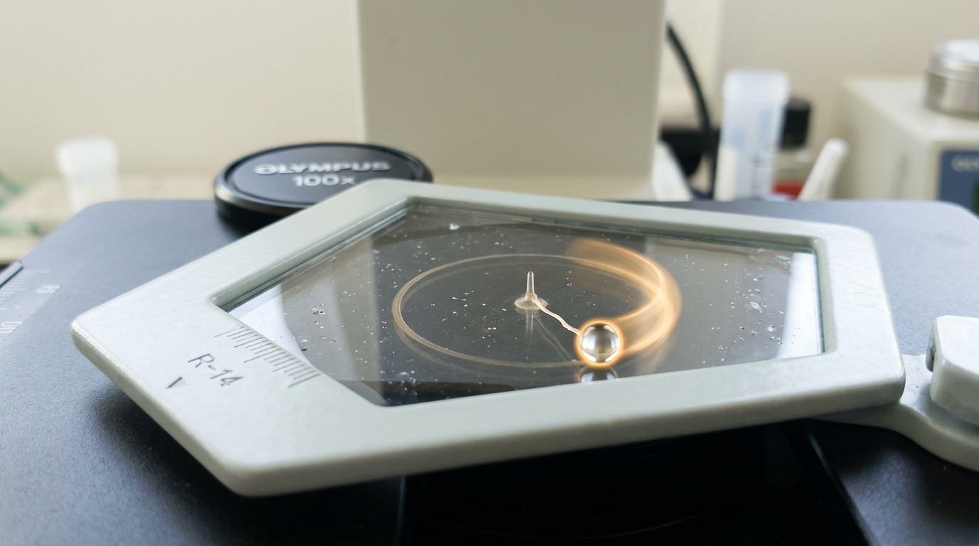 A rotary bead-assay slide on a microscope stage, a single marker bead tethered to a surface-anchored rotary motor caught partway around its orbit, its trailing blur still fading