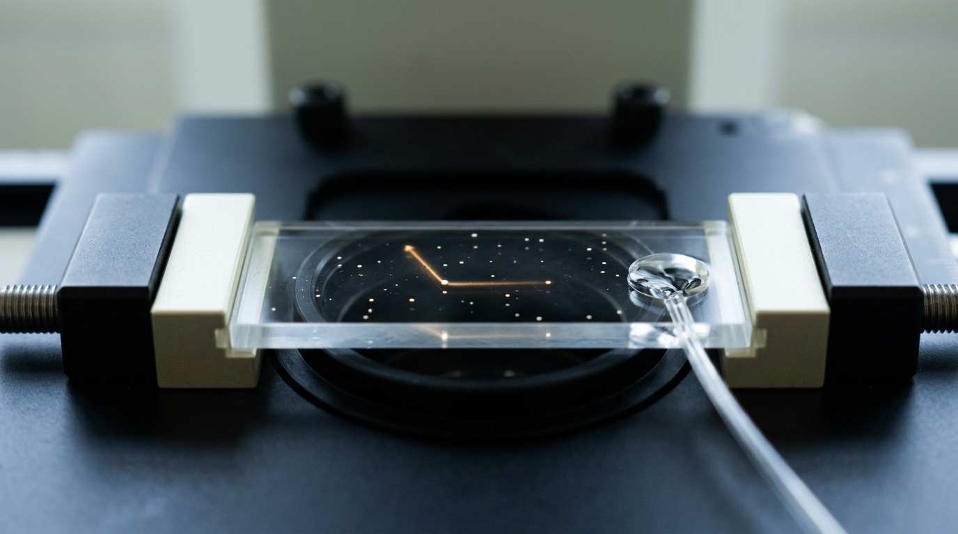 A microfluidic chip under dark-field illumination on a microscope stage, its capillary feed still delivering a fresh pulse of buffer while a cluster of scattering colloidal particles drifts through the field, one particle's track caught mid-turn
