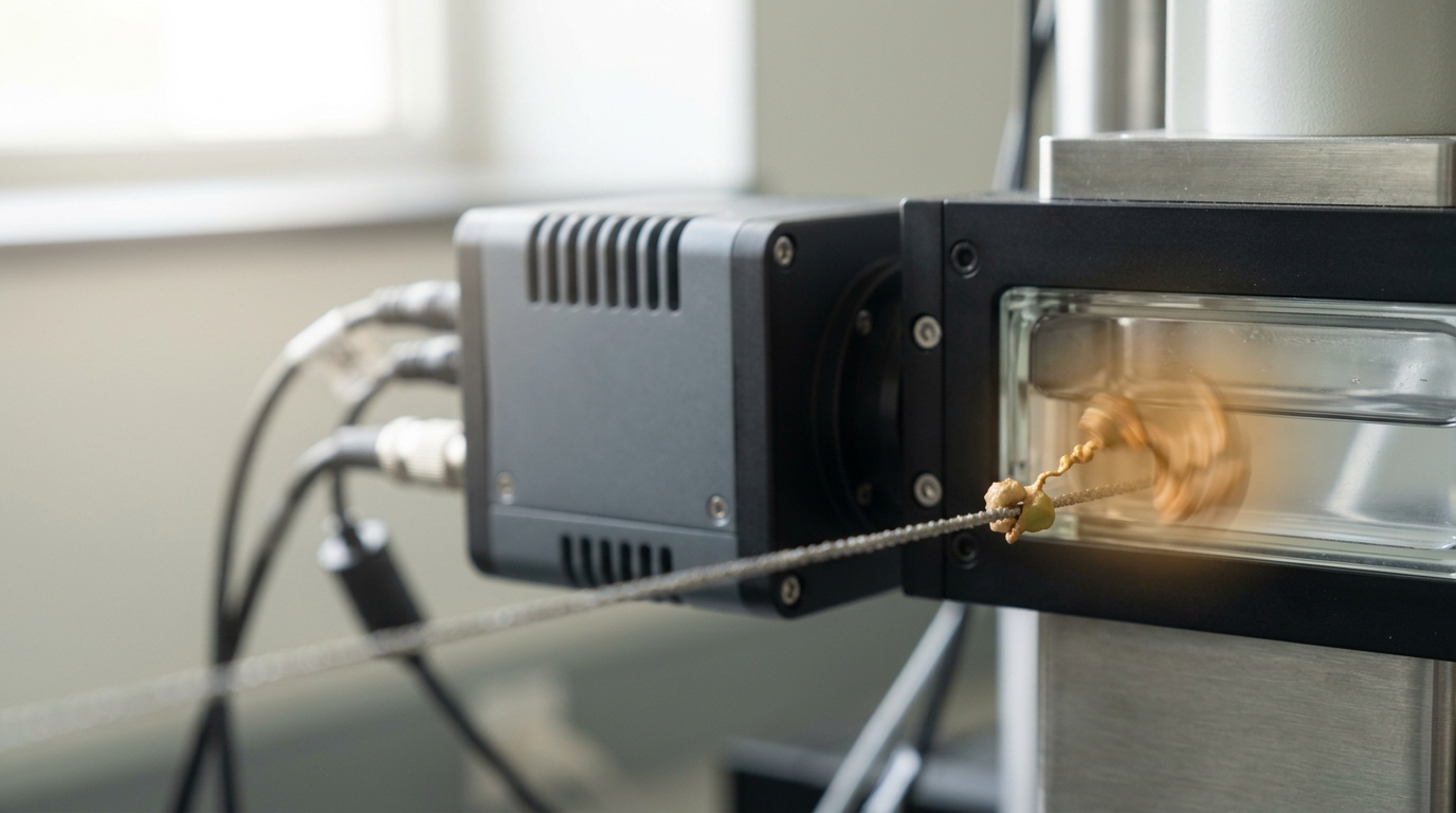 An EMCCD camera bolted to a microscope side port, its readout cable still faintly warm-lit as a fluorescent motor domain on a filament inside the adjacent flow cell sits mid-step, one foot released and not yet bound