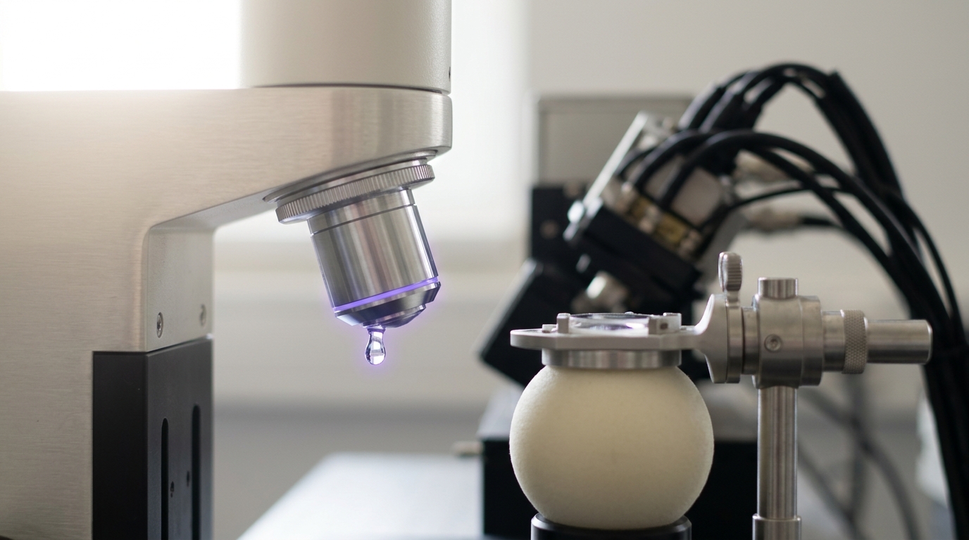A two-photon microscope objective lowering toward a head-fixed preparation on an air-supported ball, mid-experiment.