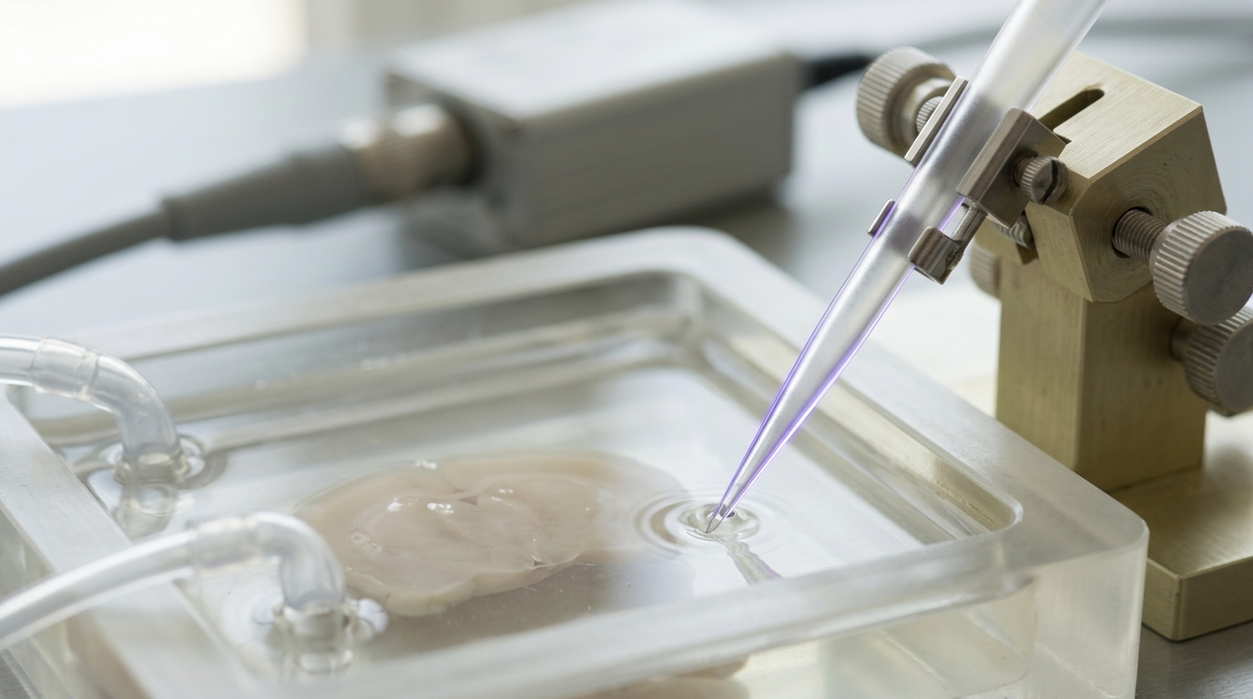 A glass patch pipette held by a micromanipulator just above a brain slice in a recording chamber, not yet sealed onto a cell.