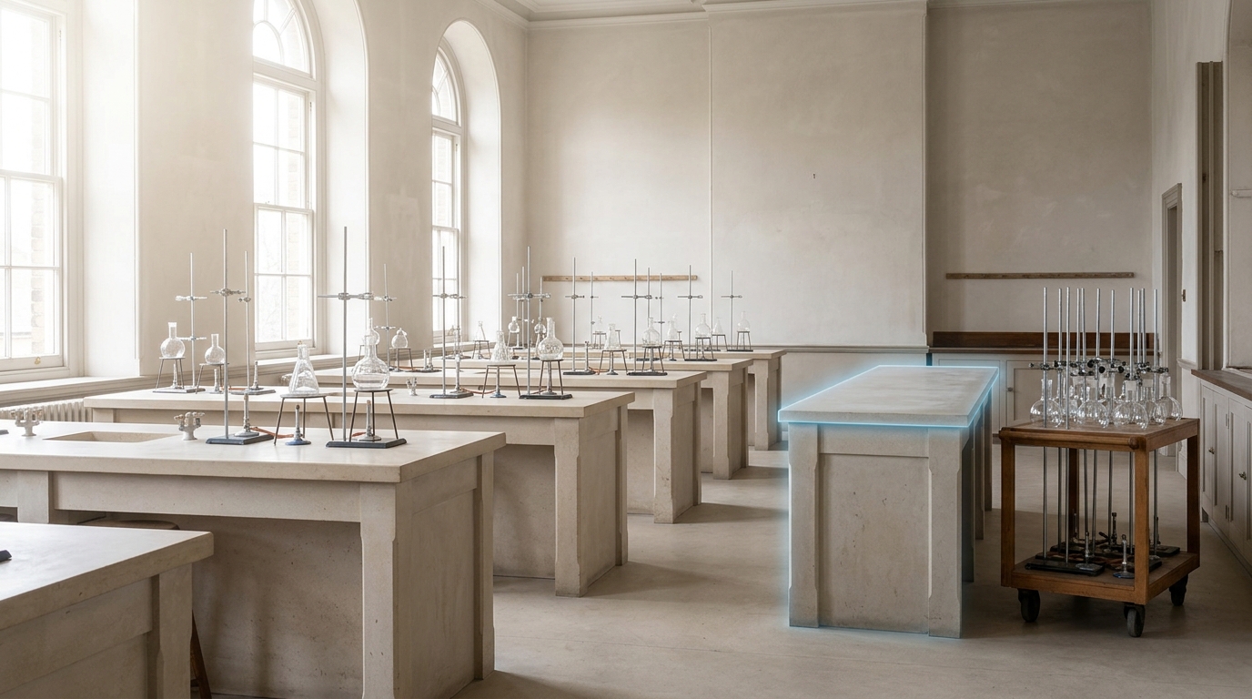 A long row of identical pale-stone laboratory benches receding under north light, each fitted with matching glass apparatus, with one bench still bare and unequipped at the far end