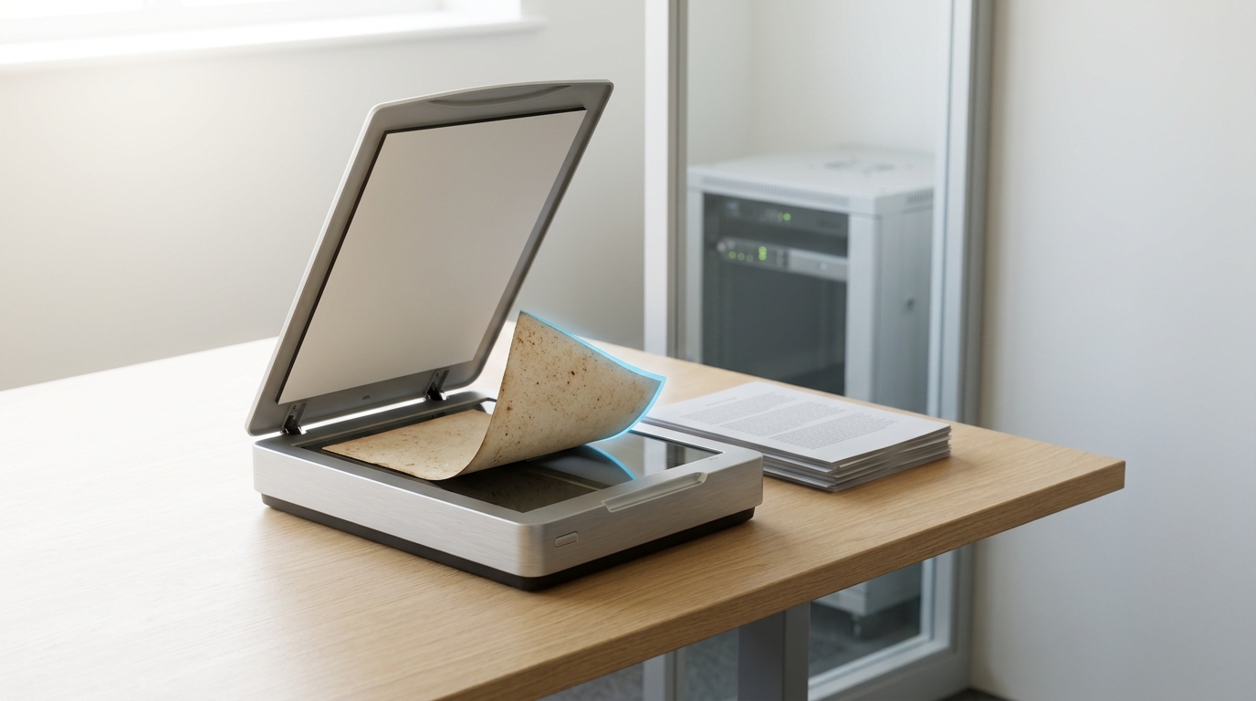A brittle manuscript page caught mid-pass through a flatbed scanner on a pale desk, its lid still raised, beside a small server rack visible through an interior window