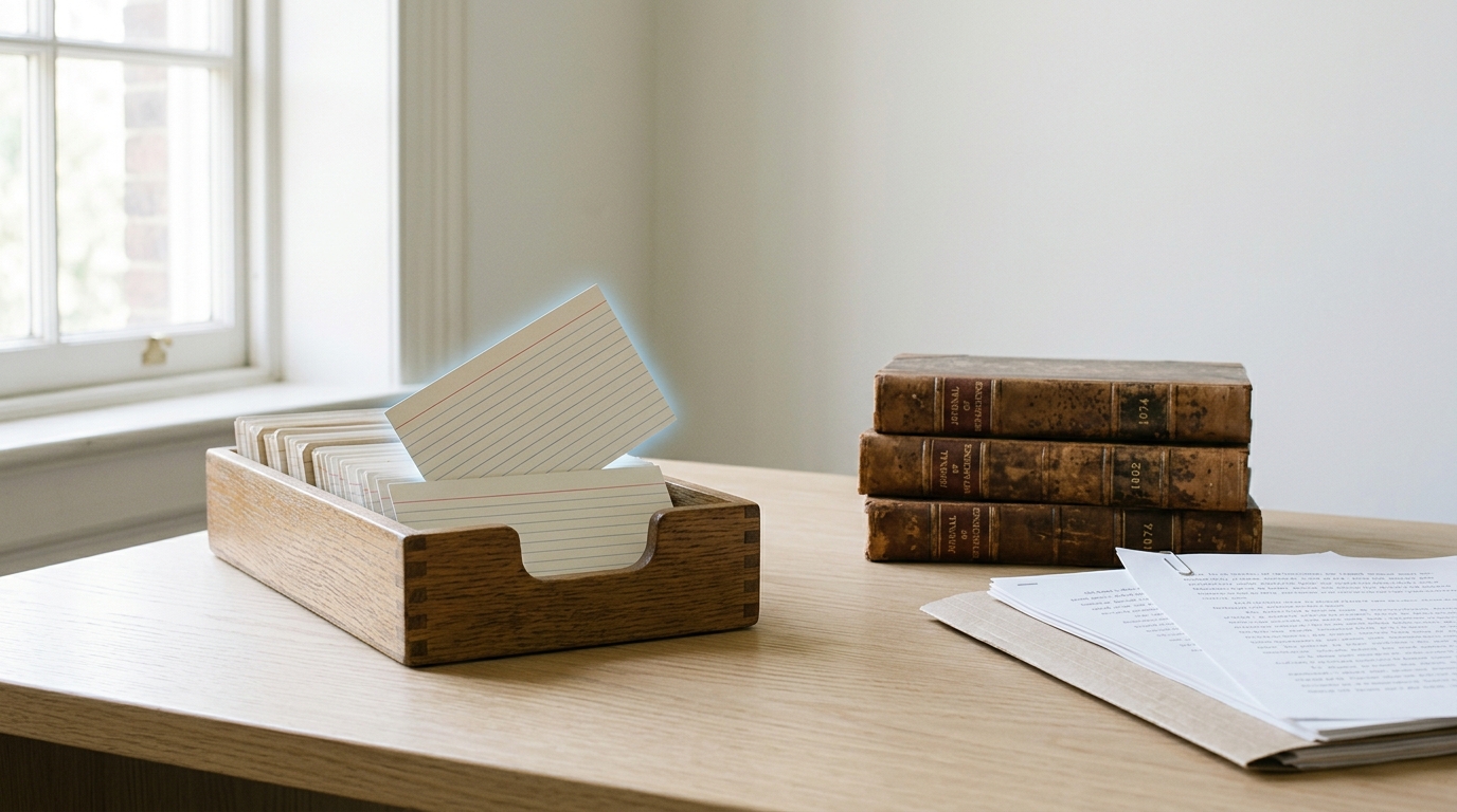 A wooden index-card referee tray on a pale desk with one card lifted half out of its slot, beside a stack of leather-bound 19th-century journal volumes and a modern manuscript folder