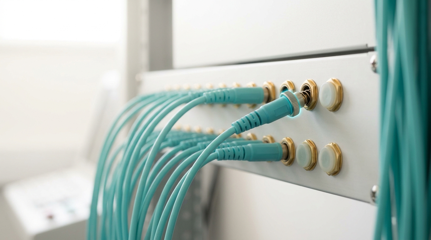 A scaffold patch bay feeding a shared rack of evaluation nodes, one patch cord caught mid-transfer between two routing points