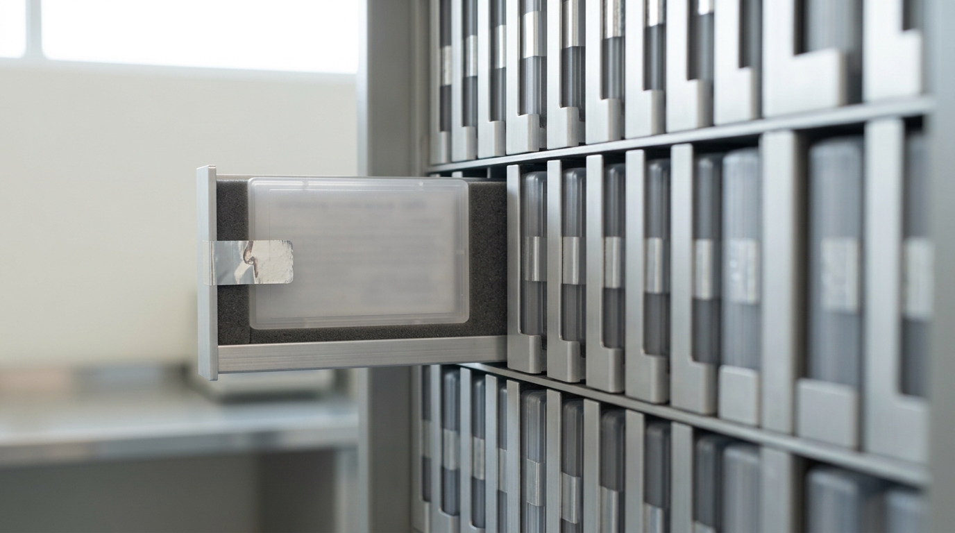 A wall of sealed reference-question cartridges in numbered slots with one drawer part-withdrawn, its tamper-evident seal lifted at one corner