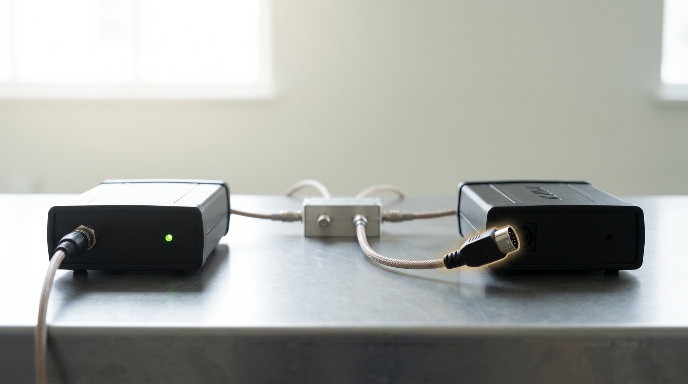 A single signal splitter feeding two identical instrument channels side by side, the second output cable caught mid-connection while the first sits already seated