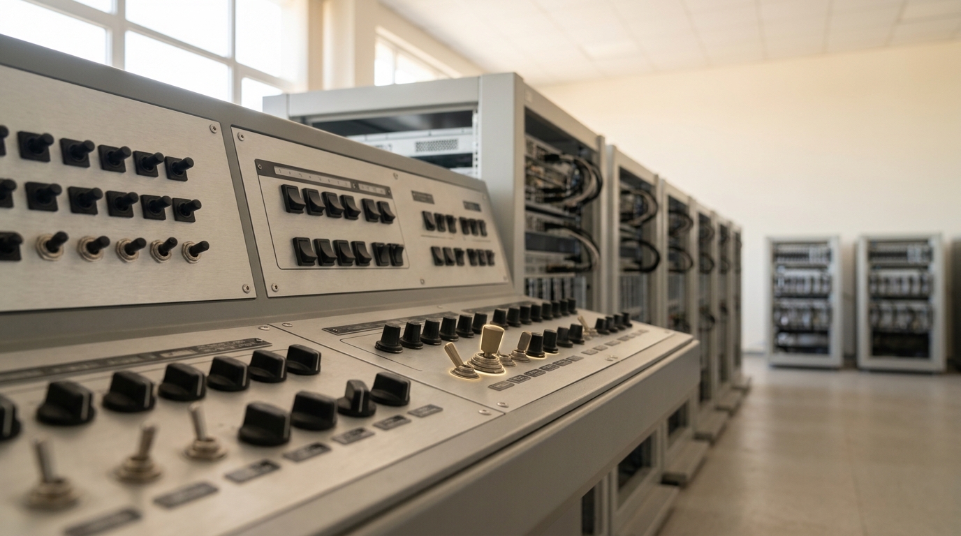 A harness-configuration console of identical rack-mounted evaluation nodes with a front panel of toggle switches, one switch caught mid-throw between its two settings