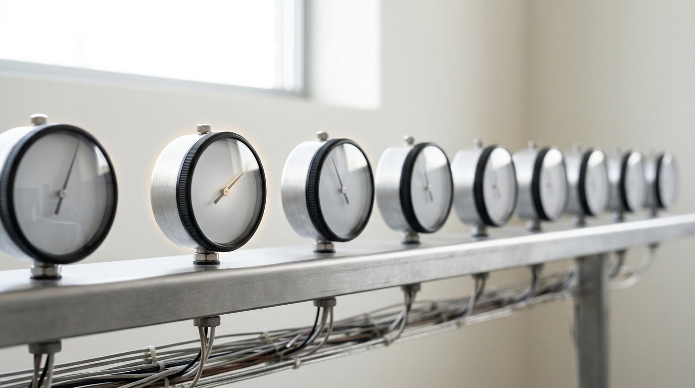 A row of identical analogue dial gauges on a reproducibility test bench, most needles clustered near one reading while a single needle is caught mid-swing toward a different value