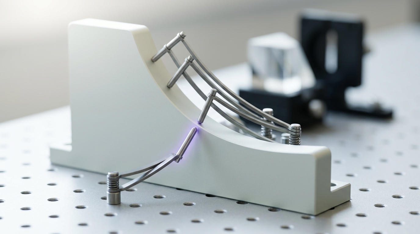 A machined cam plate with a smooth curved edge on an optical breadboard, follower pins resting against the curve and one follower still settling onto it