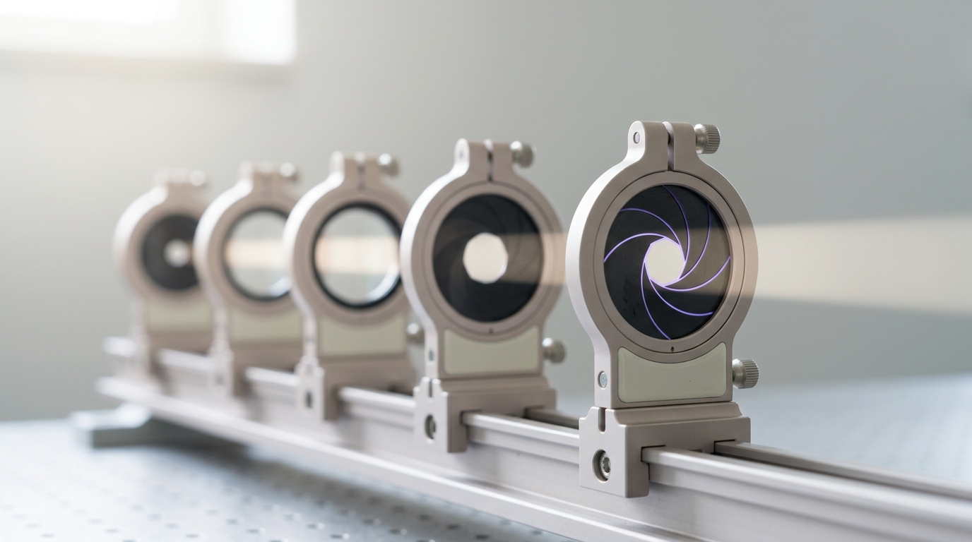 A receding row of iris diaphragms on an optical rail narrowing a beam at each stage, with the fourth iris caught mid-closing and its leaves still moving