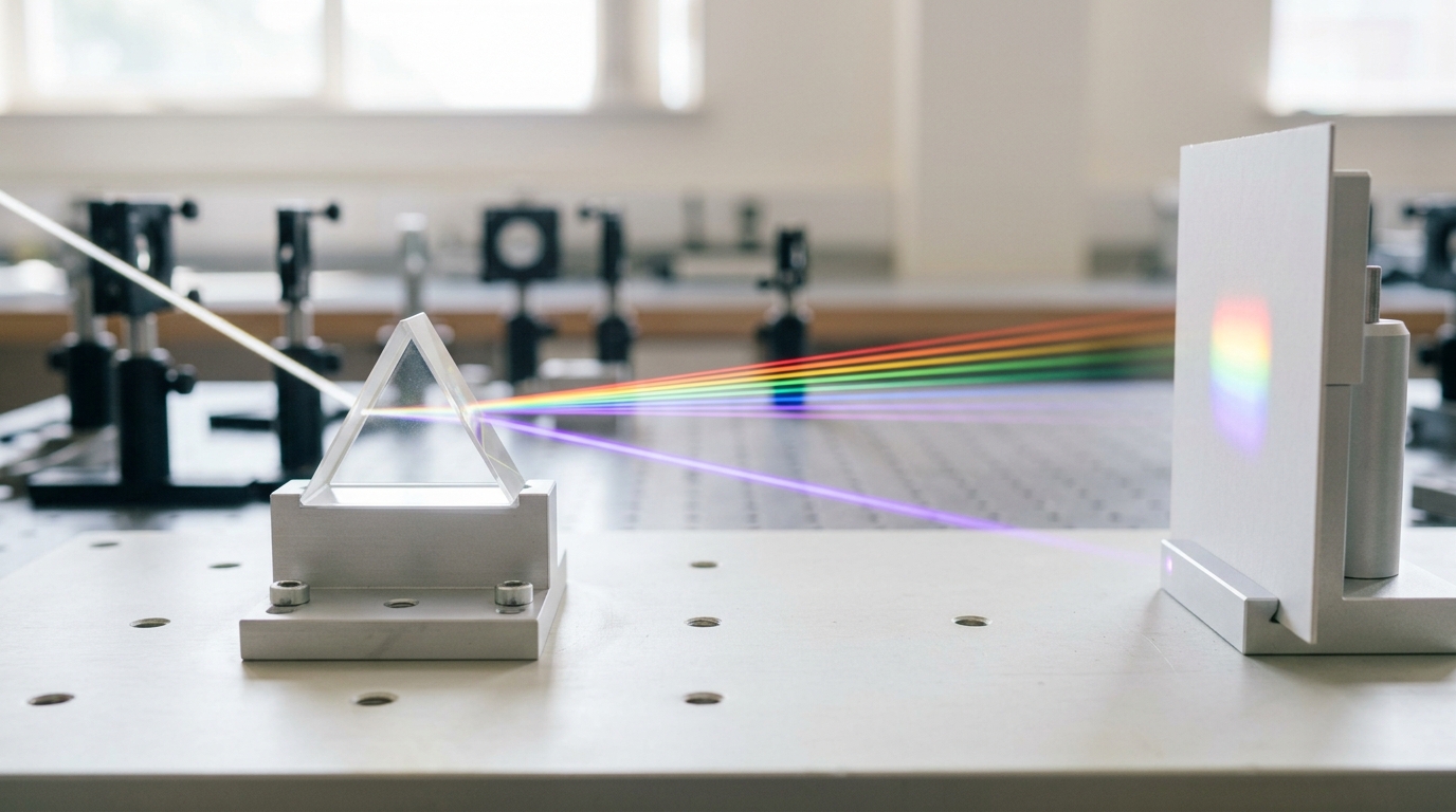 A glass prism on a pale optical breadboard splitting a narrow daylight beam into separated bands that are still travelling toward a white detector card