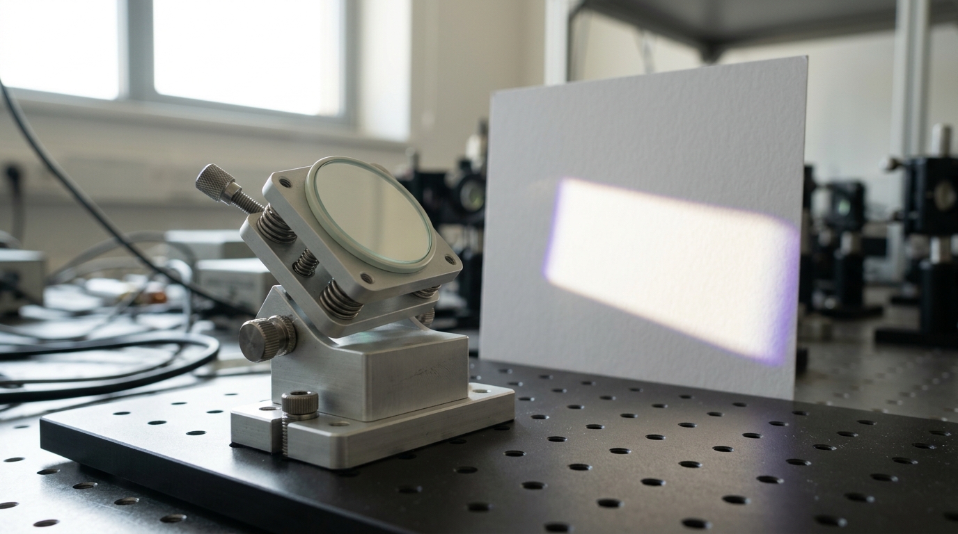 A pale-anodised kinematic mirror mount on an optical breadboard with its adjuster screw caught mid-turn, the folded band of daylight already sliding off its landing point on a white card