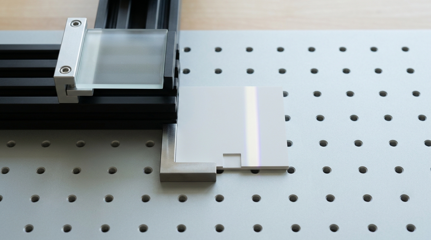 A matte white detector card seen from directly above with a shallow machined step cut into one edge, a narrow band of light landing just to one side of the step and still creeping as its mount settles