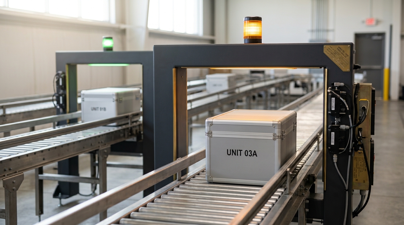 A data-center receiving bay with a sealed aluminium case passing through an automated reading arch on a roller conveyor, its tamper-evident seal still intact, while a second case beyond it already carries a freshly printed asset tag