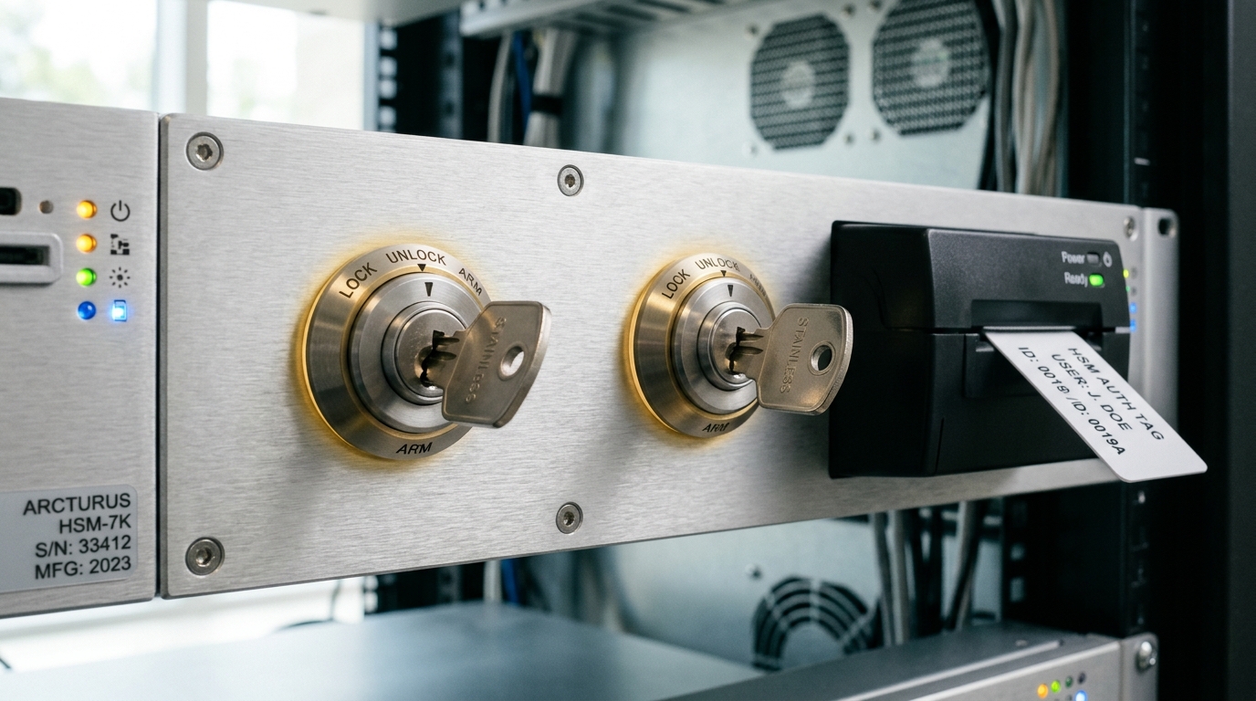A hardware-security-module rack with two satin-steel key barrels a stride apart both caught mid-turn, and a credential printer beside it ejecting a freshly printed scoped access tag not yet fully clear