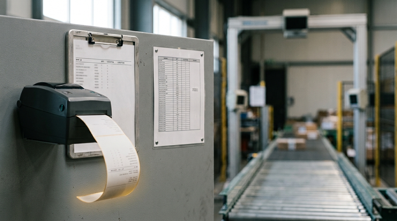 A printed manifest sheet drawn into a wall-mounted reader clip beside a fixed laminated template card, the sheet's lower edge still curling loose from a small thermal printer