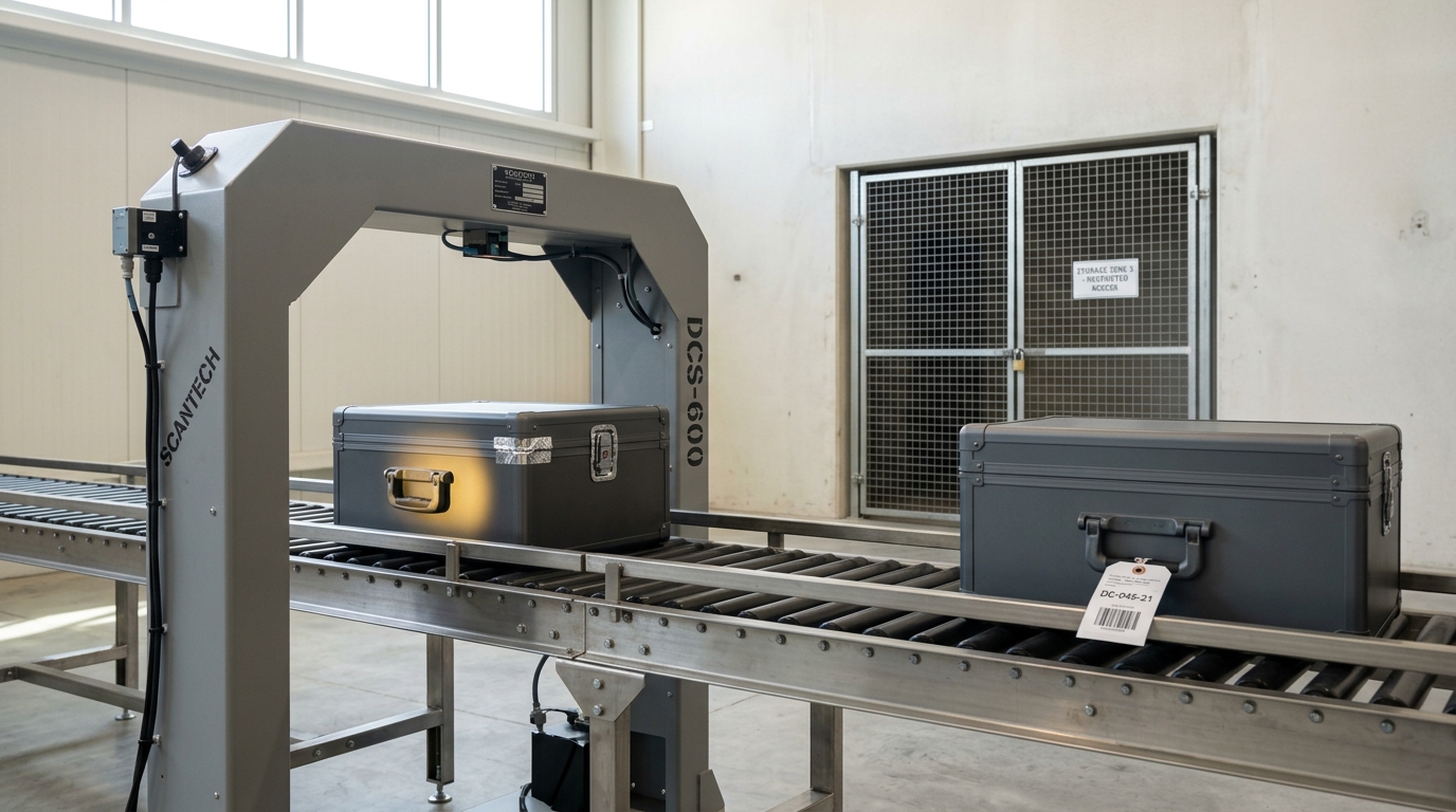 A second reading arch on the return side of a conveyor with an amber indicator just lighting above a case still in motion, while a case ahead of it clears a matching arch under a steady green light