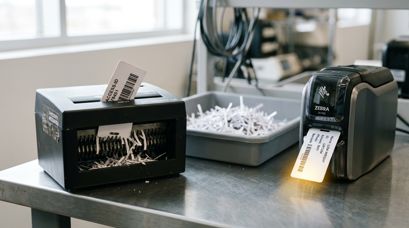 A decommission bench where a previously issued access tag is fed edge-first into a slot shredder, its barcode band still half legible as it enters the blades, a fresh replacement tag already printing beside it