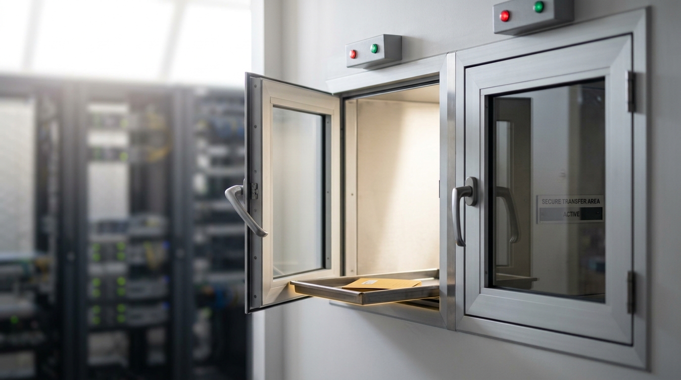 A dual-door pass-through interlock hatch between a receiving stage and a secured server cage, one door standing open with a tray caught exactly in the gap while the far door stays sealed shut