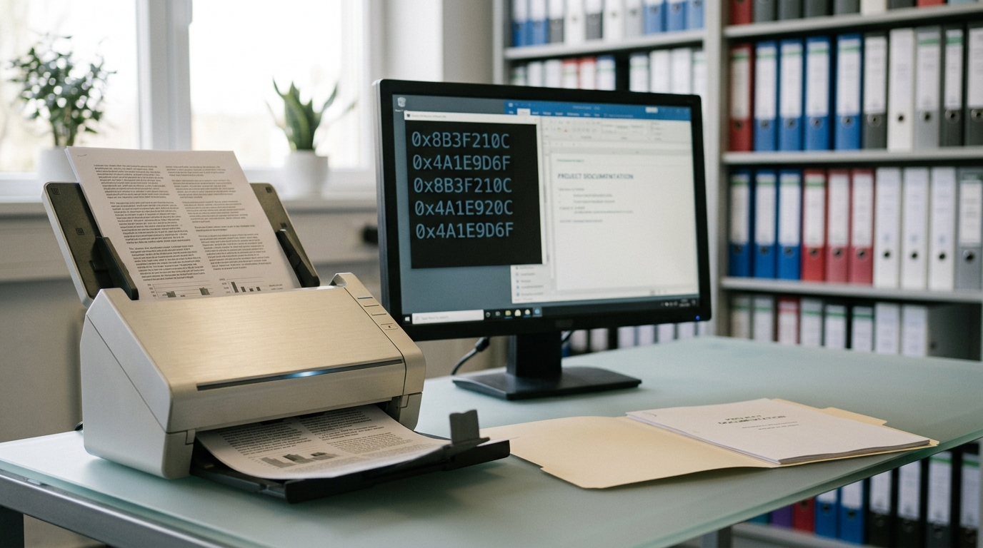 A document-clearance desk with a scanner mid-pass over a printed source page, a hash-comparison screen beside it, in a bright daylight office