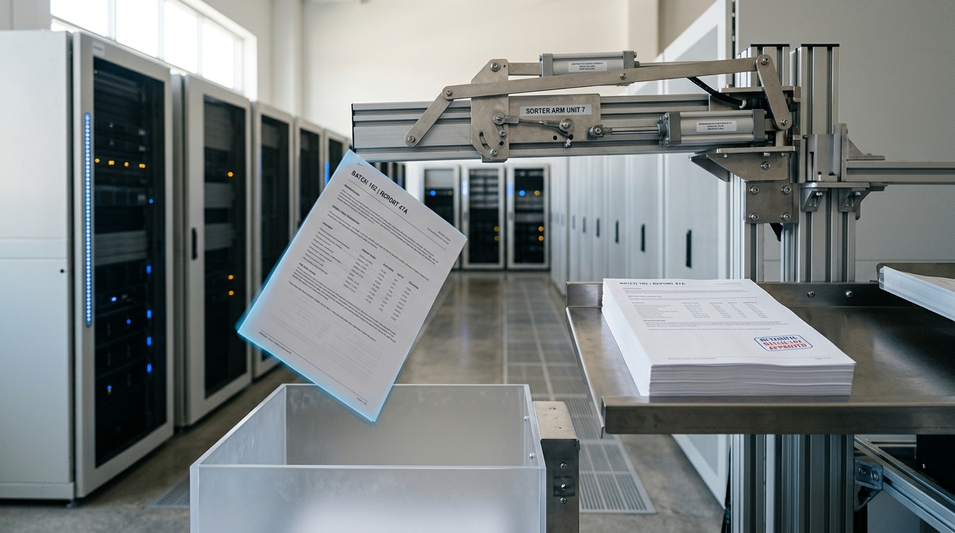 A mechanical sorting tray routing a near-duplicate printed page toward a reject bin in a server room
