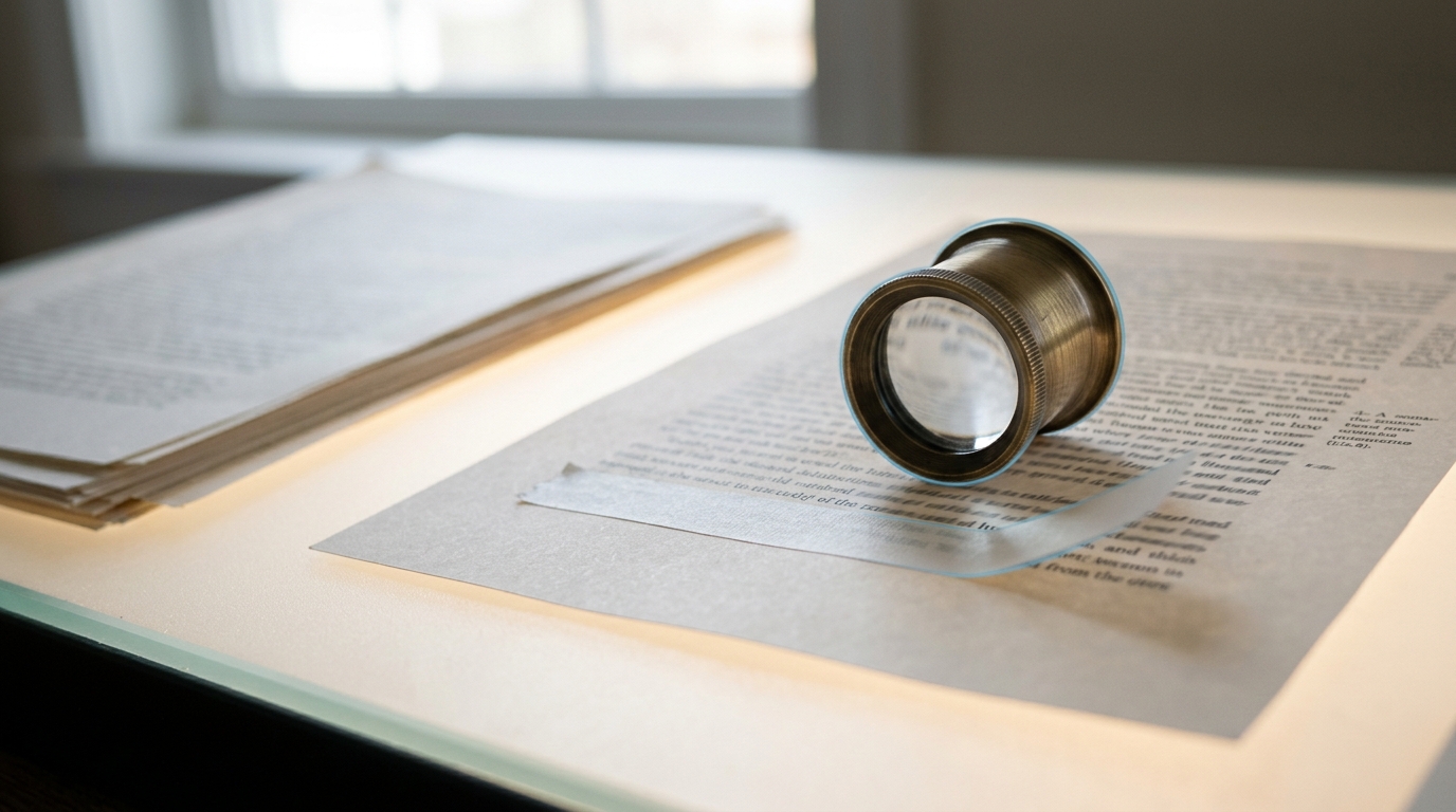 A light table holding a printed source page under a loupe next to a strip of redaction tape, in a bright licensing office