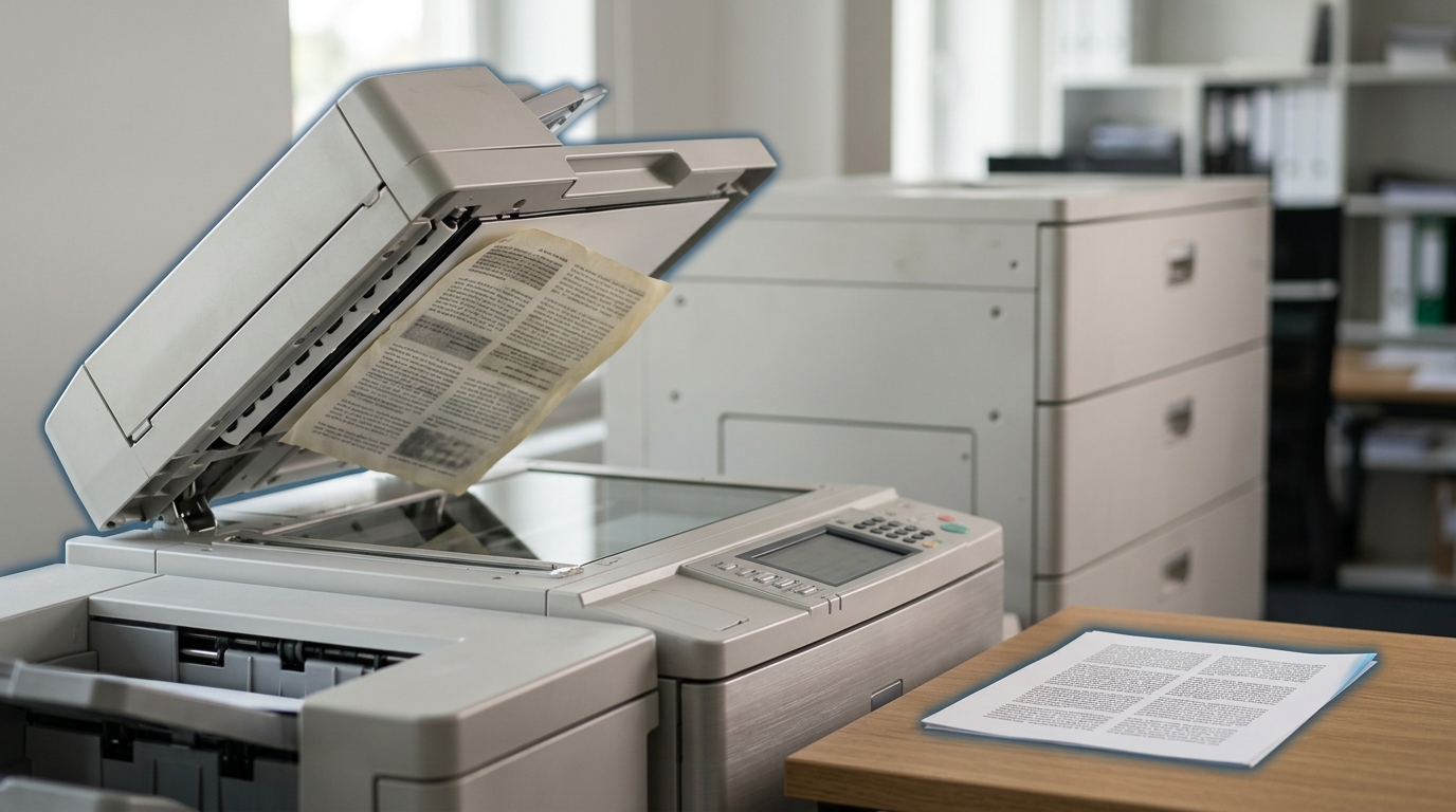 A photocopier feeding its own printed output back into its scanner tray, the image visibly softer on each successive copy