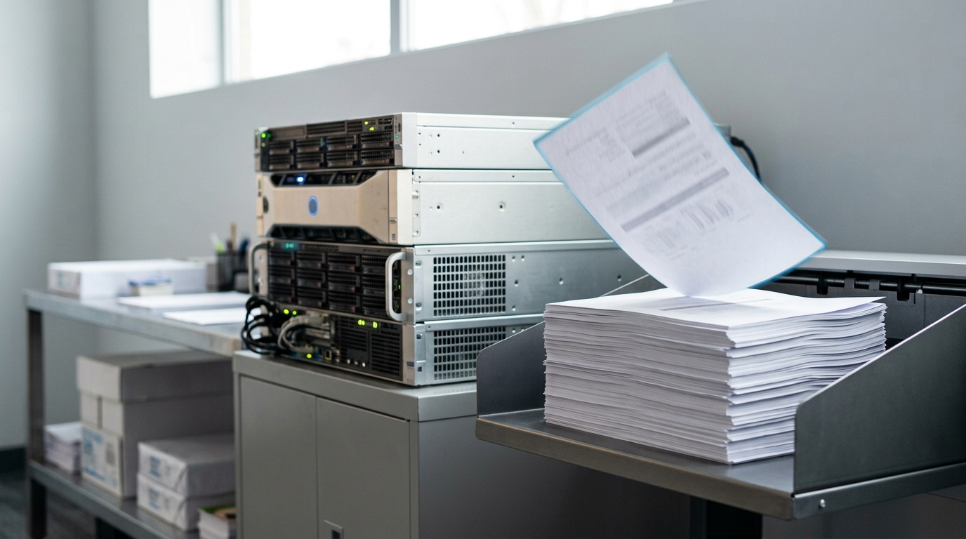 A bank of servers in a generation cell with an output tray stacking freshly printed synthetic exercise sheets