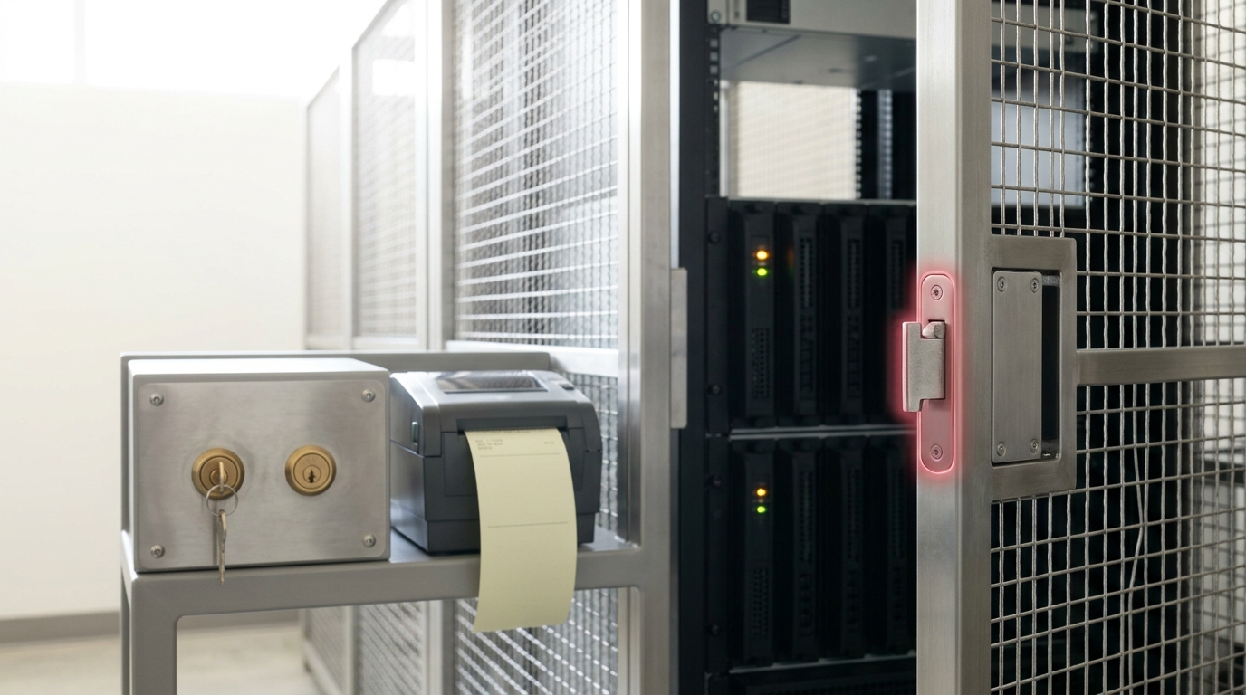 A mesh-walled test-execution cage with its door caught part-open and its latch bolt frozen mid-throw, rows of rack-mounted test runner blades receding beyond it, and a two-key console visible in the foreground with one key turned and the second keyway empty