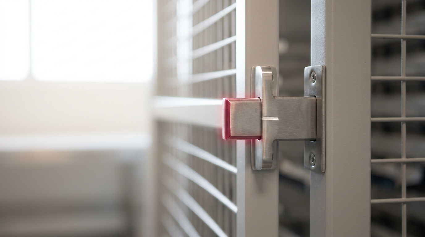A close view of an electromechanical latch bolt caught mid-throw between its housing and a striker plate on a cage door frame, the door standing part-open behind it