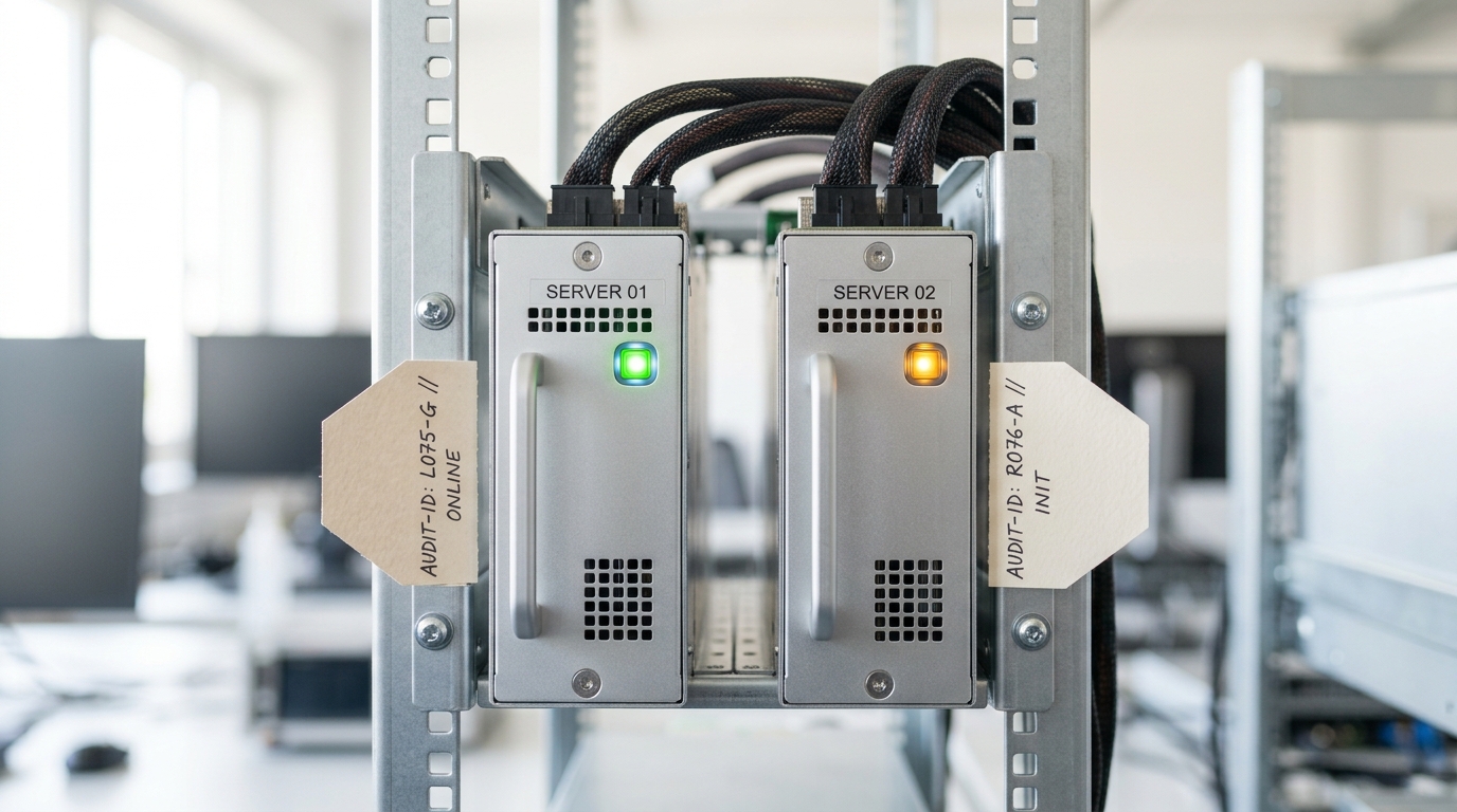 A rack of matte-black test runner blades with one blade drawn slightly proud of its neighbours, its status light caught glowing at the exact midpoint between amber and green