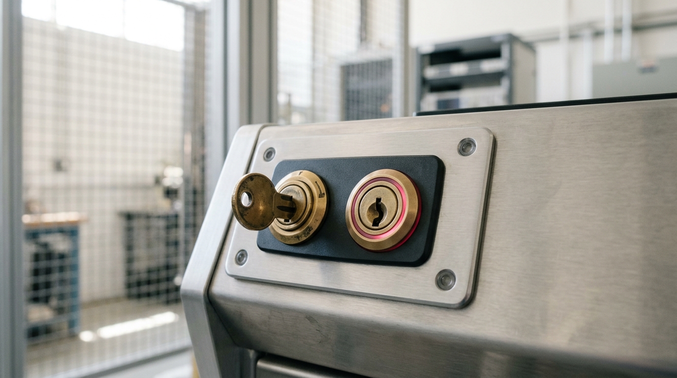 A brushed-steel two-key interlock panel with a brass key turned fully clockwise in the left keyway and the right keyway standing empty, waiting
