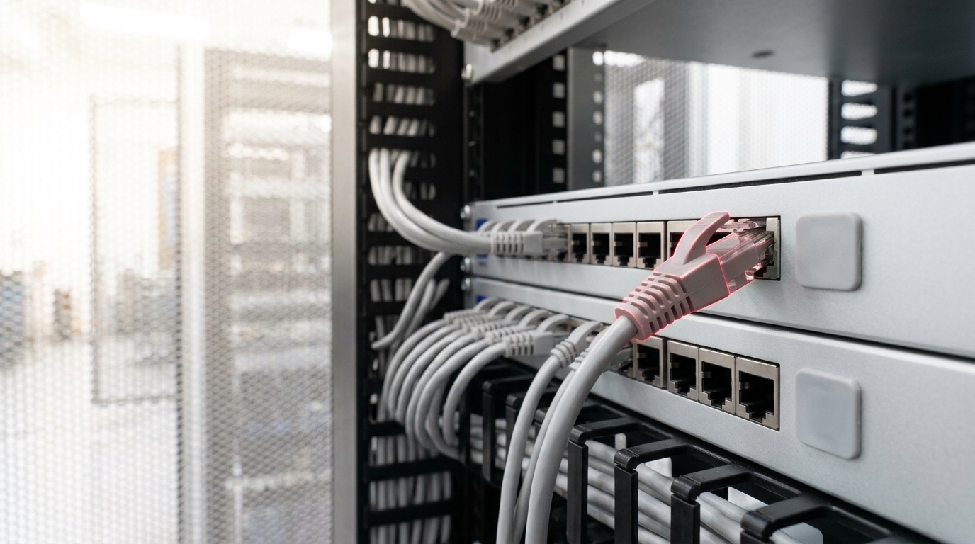 A patch panel at the edge of a mesh-walled test pod with one uplink cord caught part-way out of its port and an empty capped port waiting beside it